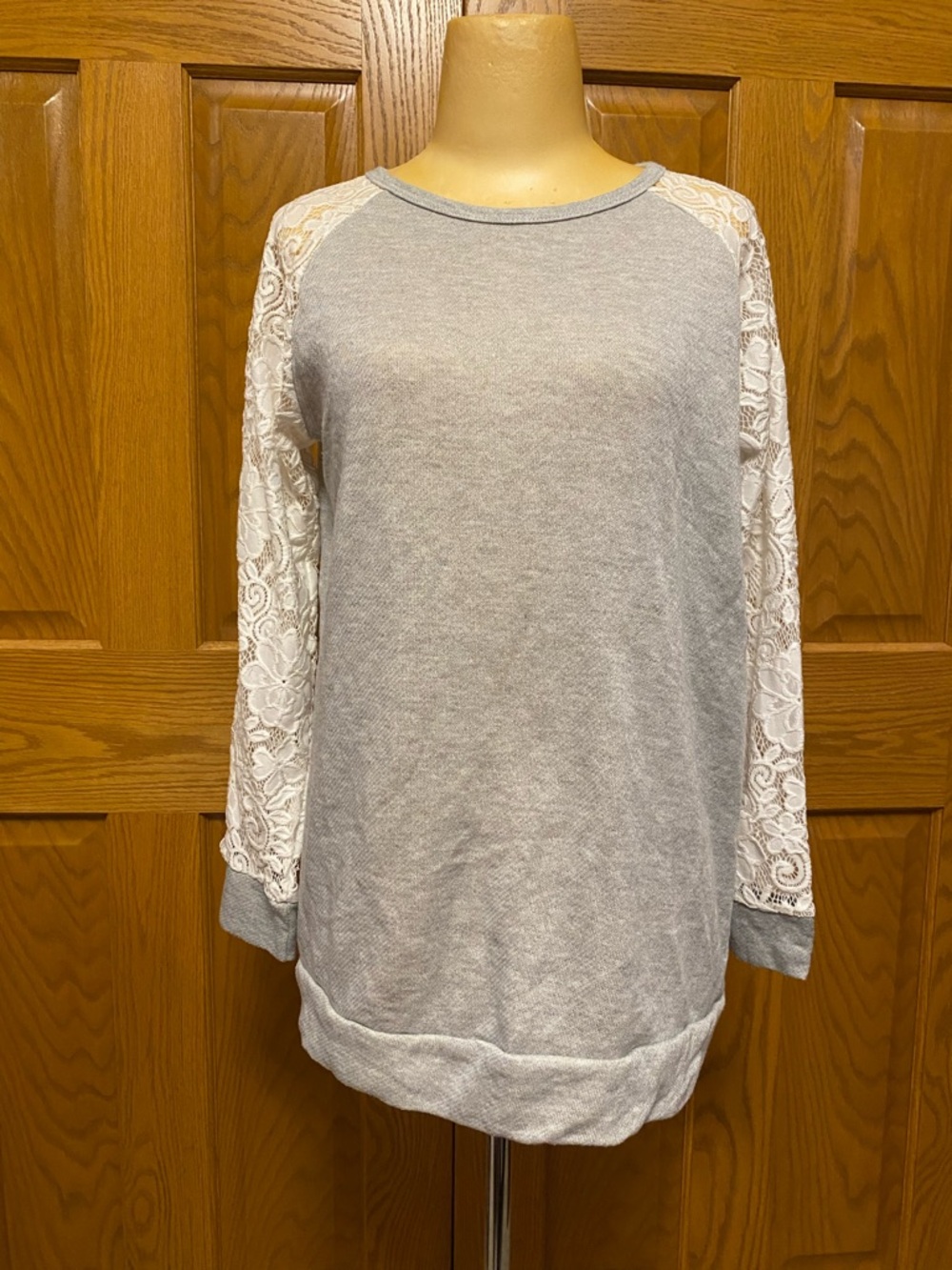 Bellamie Gray Coquette Pullover with White Lace Raglan Sleeves
